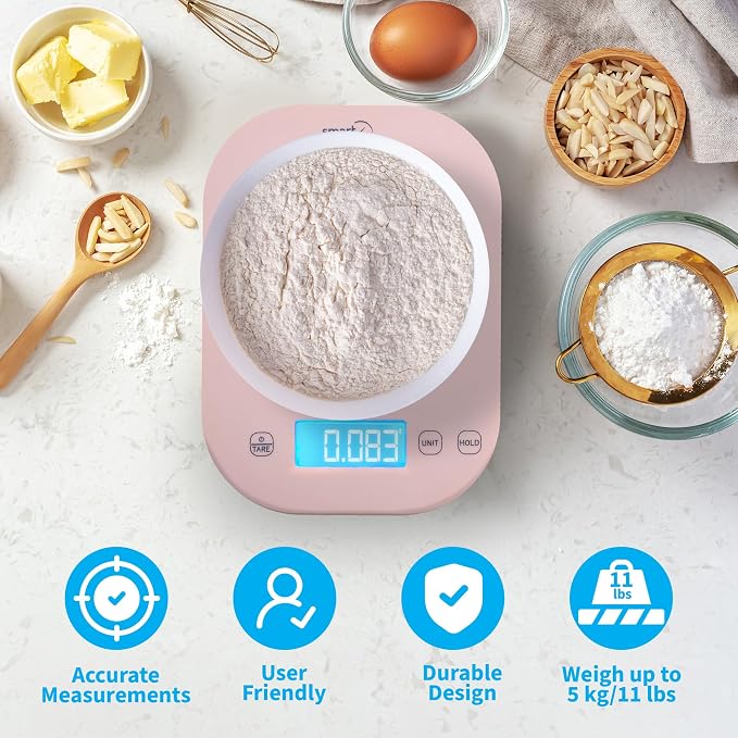 Food Scale, 11lb Pink Digital Kitchen Scale with LCD Display and Tare Function, 1g/0.1oz Precision, Weight Grams and Ounces for Baking, Cooking, Meal Prep and Weight Loss - Smart Weigh