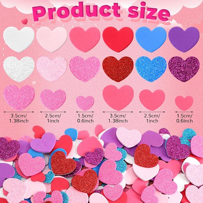 600Pcs Foam Heart Stickers Valentine's Day Glitter Love Sticker | 3 Sizes, Self-Adhesive Heart Decal, Handmade Card DIY Crafts, Love-Themed Projects, Party Favors Decorations, Valentines Gift