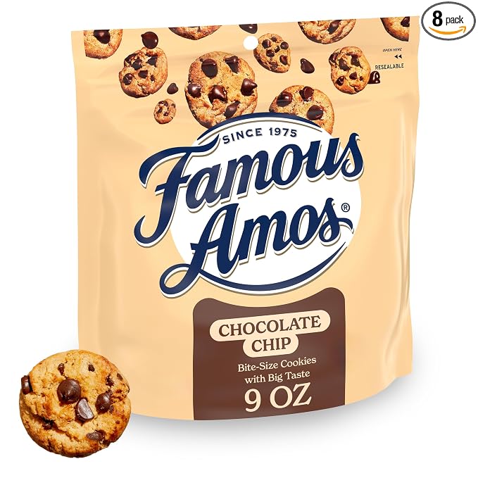 Famous Amos Classic Chocolate Chip Cookies, Bite-size cookies, Great for Sharing, Resealable Bag, Sweet Treats, 8 Pack Box, 9 oz