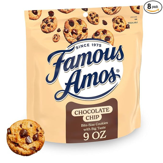 Famous Amos Classic Chocolate Chip Cookies, Bite-size cookies, Great for Sharing, Resealable Bag, Sweet Treats, 8 Pack Box, 9 oz