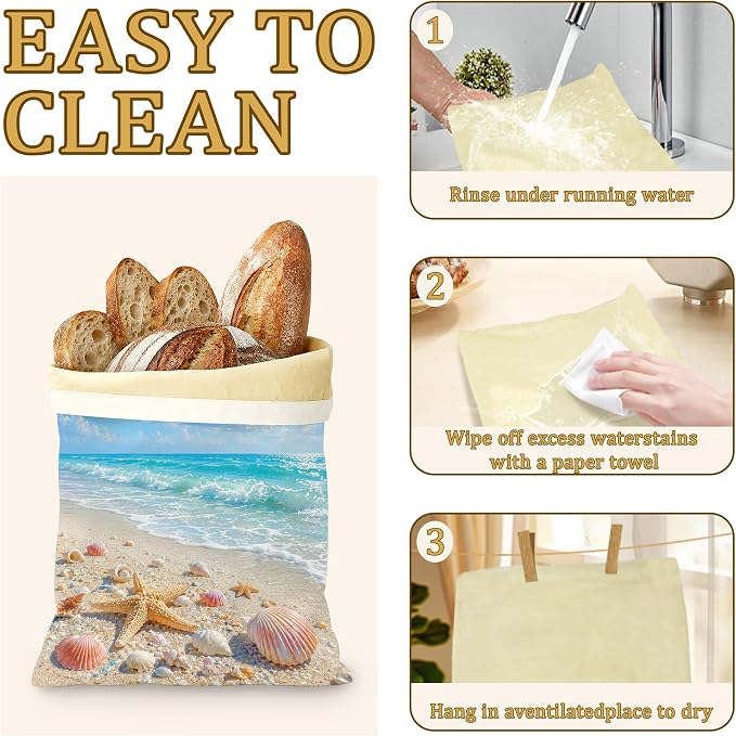 2 Pack Beeswax Linen Starfish Beach Bread Bags, Seashell Coast Reusable Fresh Keeping Bags for Sourdough & Baguette, Freezable Portable Bread Storage Container 17×13''