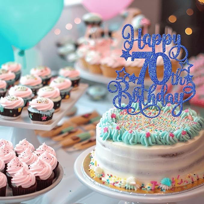 1 PCS Happy 70th Birthday Cake Topper Glitter Cheers to 70 Years Birthday Cake Pick Hello 70 Fabulous Cake Decoration for Happy 70th Birthday Anniversary Party Decorations Supplies Blue
