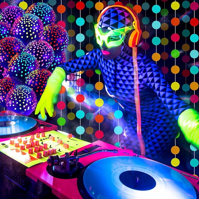 32 Pcs Glow in The Dark Party Supplies Christmas Neon Party Favors with 25 Fluorescent Balloon 6 Rolls 98.4 ft UV Blacklight Luminous Tape 14.4 ft Neon Streamer Garland for Adults(Clear Dot)