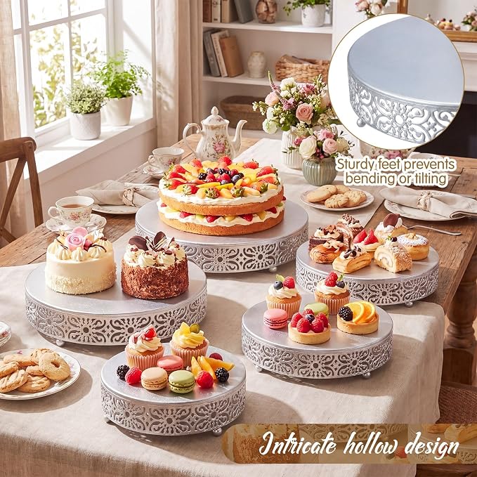 Wenqik 5 Pcs Metal Silver Cake Stand, 8" 10" 12" 14" 16" Large Round Cupcake Stand Dessert Table Display Set Golden Cake Holder for Wedding Birthday Party Bridal Shower Anniversary Table Decoration