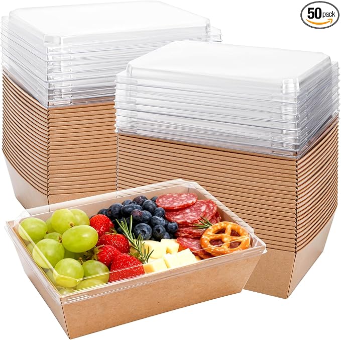 Hiceeden 50 Pack Charcuterie Boxes with Clear Lids, 8.4"×5.7"×2.8" Paper Bakery Dessert Sandwich Box, Disposable Large Food Containers for Cookies, Donuts, Muffins, Salad, and Pastry, Brown