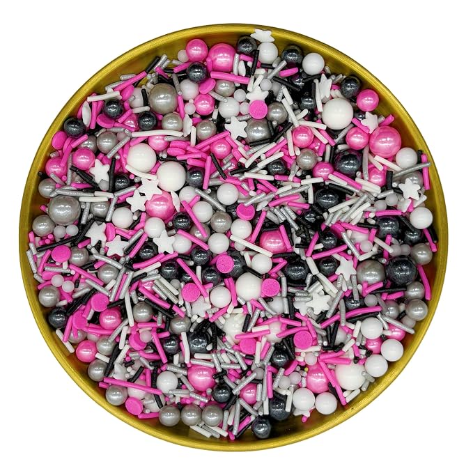Silver & Black & Pink & White Sprinkles Mix Size Pearls Mouse Rock Themed Cake Decorations Cupcake Toppers Perfect for Wedding Valentine Supplies 4.58OZ
