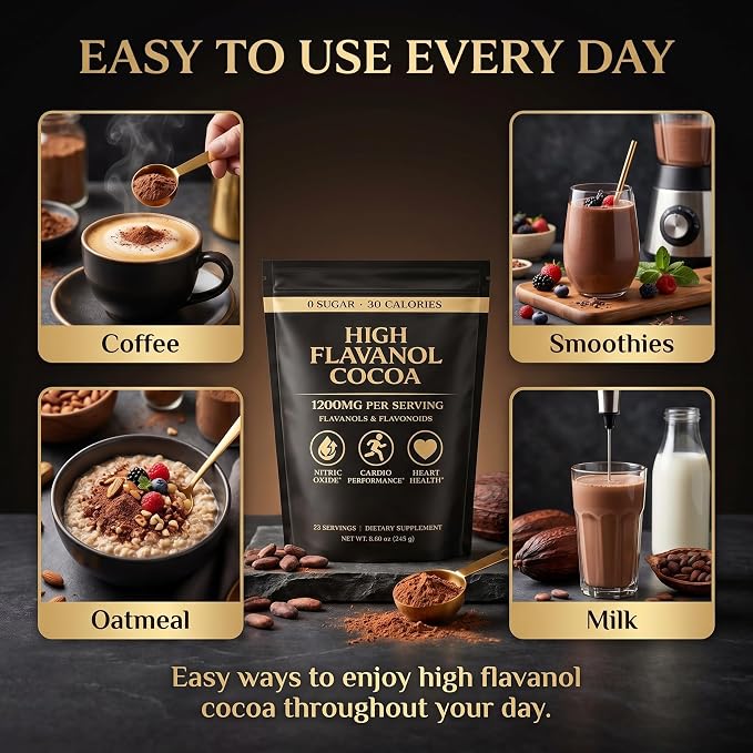 High Flavanol Cocoa Powder – Unsweetened Cocoa Powder with Premium Cocoa Extract, Smooth Cacao Drink Mix for Coffee, Smoothies & Oatmeal, 8.6 oz (245 g)