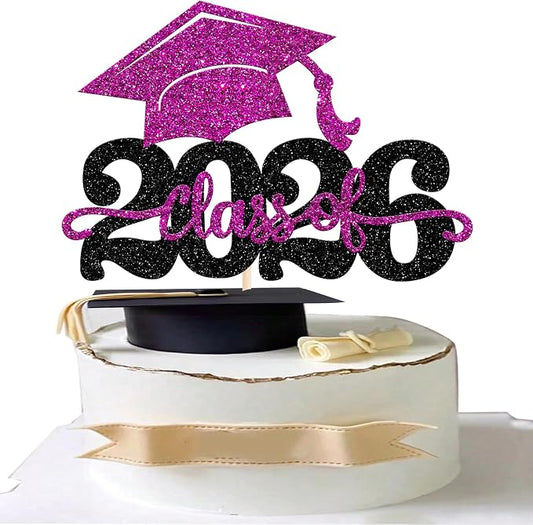 1 Pack Class of 2026 Cake Topper Glitter Congrats Grad Cap 2026 Graduation Cake Pick for 2026 Graduation Theme High School Boys Girls Graduate Party Cake Decorations Supplies Black Purple