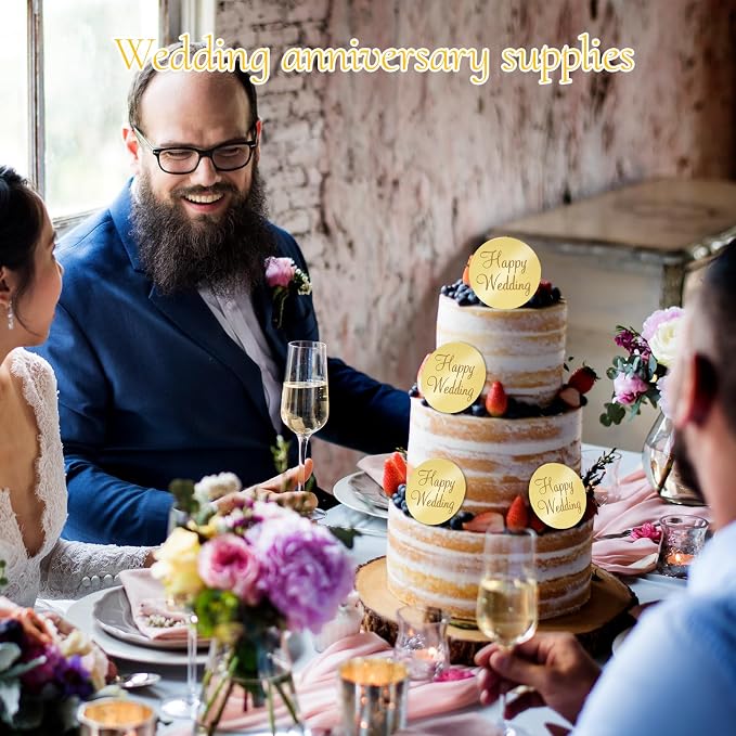 20Pcs Gold Acrylic Wedding Cupcake Toppers Mirror Happy Wedding Cake Toppers for Engagement Party Cake Decorations Round Tags Reusable Acrylic Decorations Flower Decor for Cakes Gift Boxes DIY Crafts