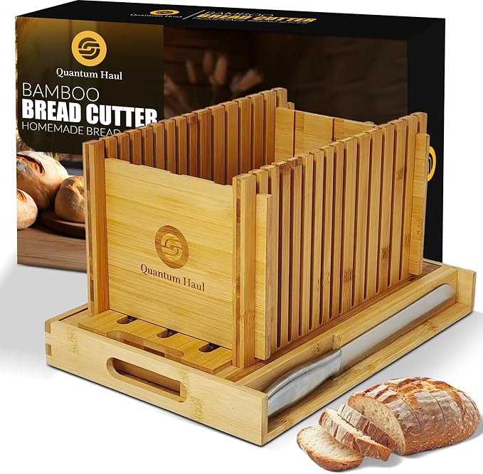 [UPGRADED] Bamboo Bread Slicer with High-Grade Stainless Steel Knife – Adjustable Wooden Bread Cutter Guide with Crumb Tray, Brush & Pouch | Manual Bread Slicer for Homemade Bread, Sourdough, Cakes