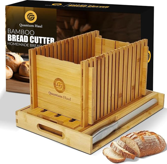 [UPGRADED] Bamboo Bread Slicer with High-Grade Stainless Steel Knife – Adjustable Wooden Bread Cutter Guide with Crumb Tray, Brush & Pouch | Manual Bread Slicer for Homemade Bread, Sourdough, Cakes