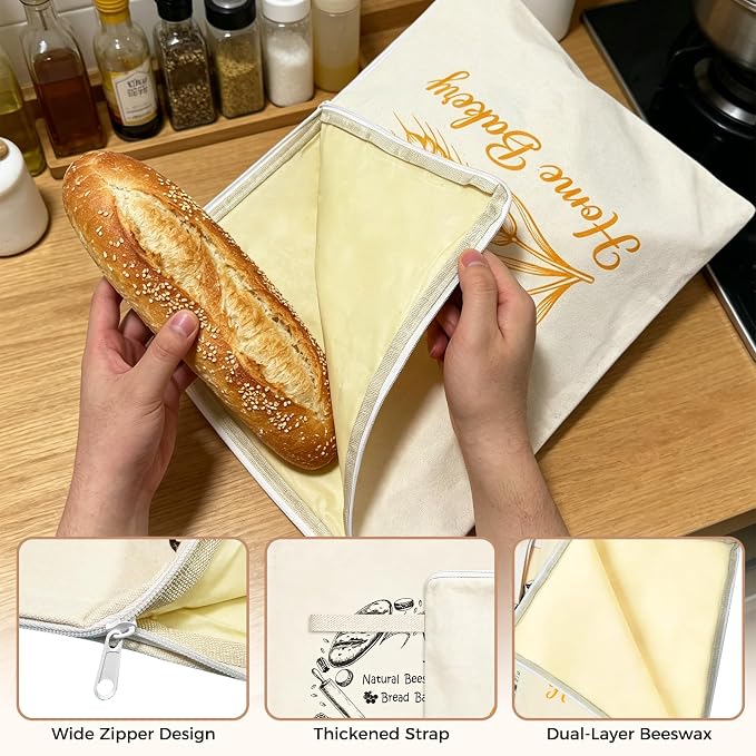 2PCS Reusable Beeswax Bread Bag for Homemade Bread, Sourdough Bread Bag, Extra Large Cotton Bread Storage Bag, Eco Friendly Reusable Bread Bags for Artisan Loaf, Bagels & Bakery Storage