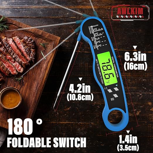 AWLKIM Digital Meat Thermometer, Instant Read Thermometer, Blue | Grill, BBQ, candy and baking thermometer with backlit display, foldable probe and magnetic storage.