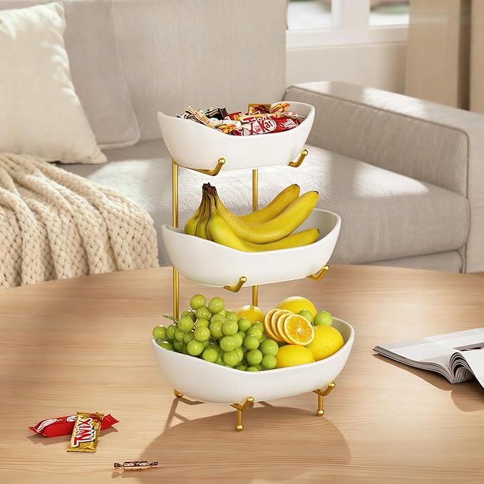 3 Tier Ceramic Fruit Bowl for Kitchen Counter – Fruit Basket with Gold Metal Stand , Fruit Holder for Snacks, Nuts, Cakes, Desserts, Bread, Candy Storage