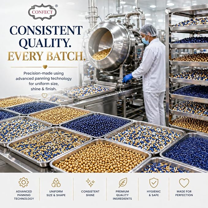 Confect Edible Sprinkles – Marine Royalty Theme – Assorted Pack with Navy Blue & Champagne Gold Dragees, Gold Jimmies & Bright Blue Sparkling Sugar – Sprinkles for Cake Decorating- Vegan, Gluten-Free, Nut-Free, Soy-Free, Dairy-Free, Palm Oil-Free-5 Oz