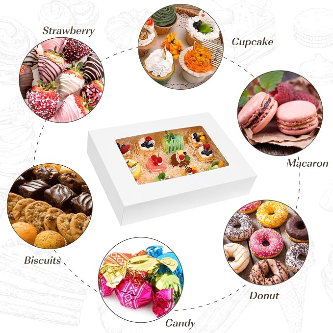 Moretoes 20pcs 19x14x4in Sheet Cake Boxes, White Rectangle Bakery Boxes with Window, for Cake Pastry Baking Donuts Cupcake Pie Packaging, Auto-Popup
