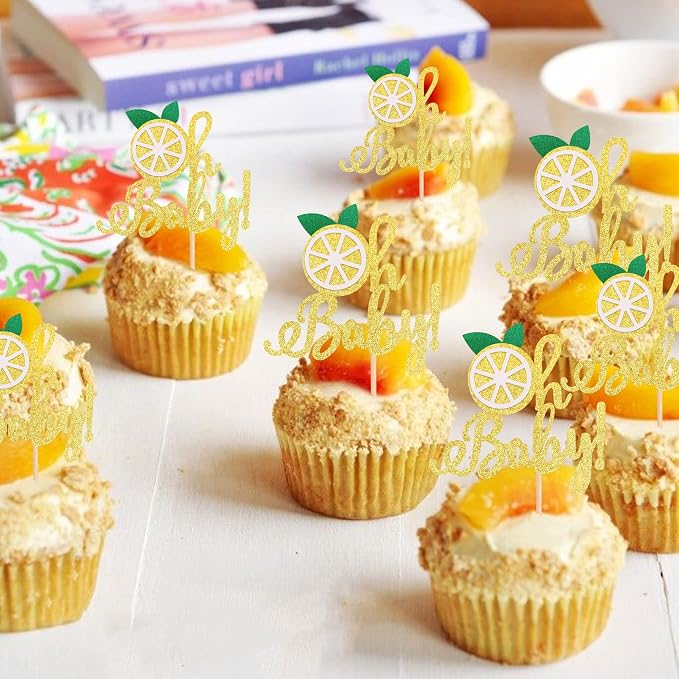 24 PCS Lemon Oh Baby Cupcake Toppers Glitter Fruit Theme Oh Baby Lemonade Party Cupcake Picks for Lemon Theme Baby Shower Kids Boys Girls Birthday Party Cake Decorations Supplies Gold