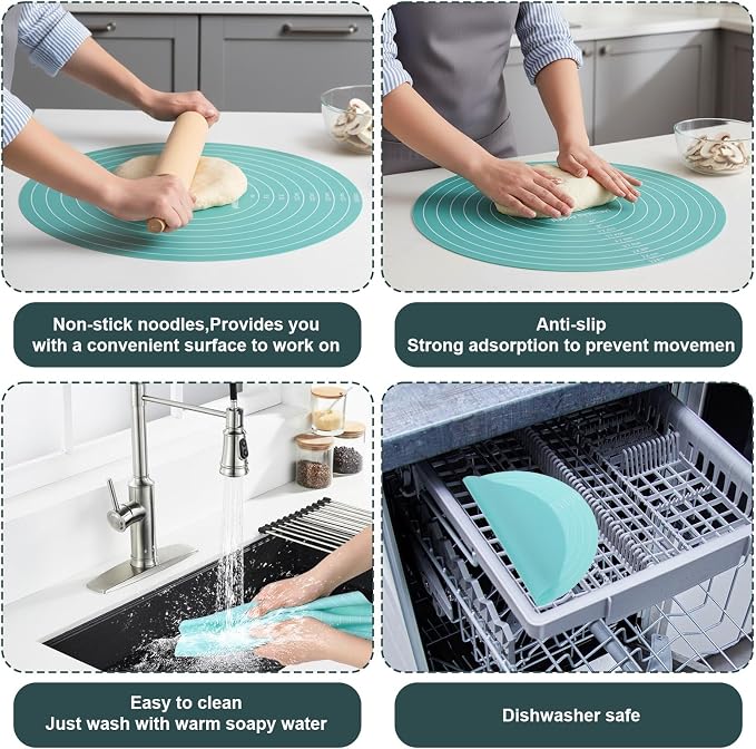 Round Silicone Baking Mat, 11.8In Baking Mat for Rolling out Dough, Round Silicone Mats, Heat Resistant Pastry Bakings Mats with Size Measurement Specification, Non-Stick, Blue