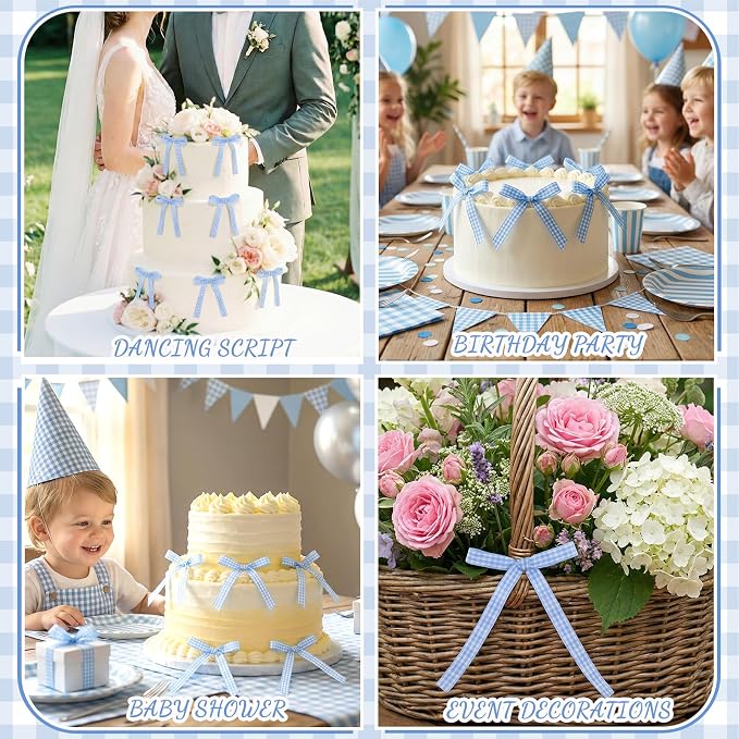 30 Pack Bow Cake Toppers Blue Gingham Ribbons Bows for Cake Bow Cupcake Toppers Blue Gingham Bow Birthday Decorations for Baby Shower Birthday Wedding Party Supplies