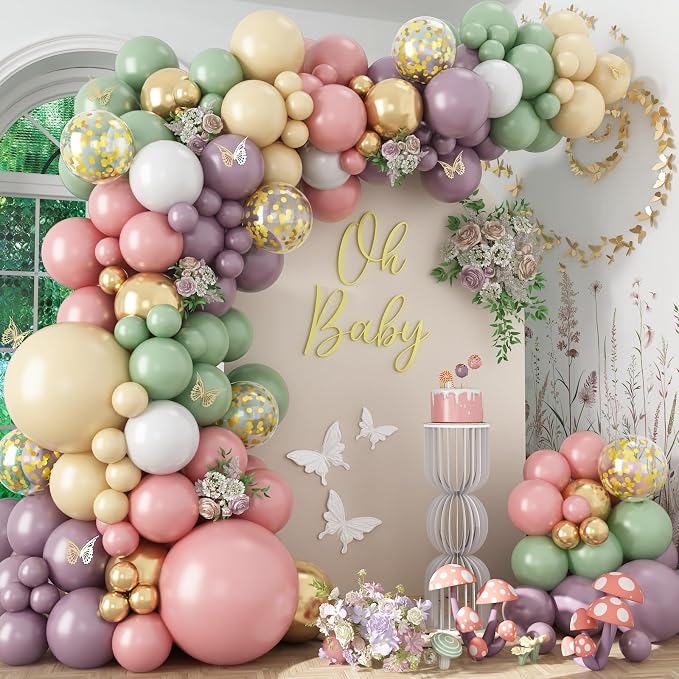Dusty Green Purple Pink Balloon Arch Kit, Fairy Wildflower Balloon Garland Sage Green Blush Pink Lavender Purple Gold Balloons for Flower Floral Graduation Wonderland Baby Shower Birthday Party Decor