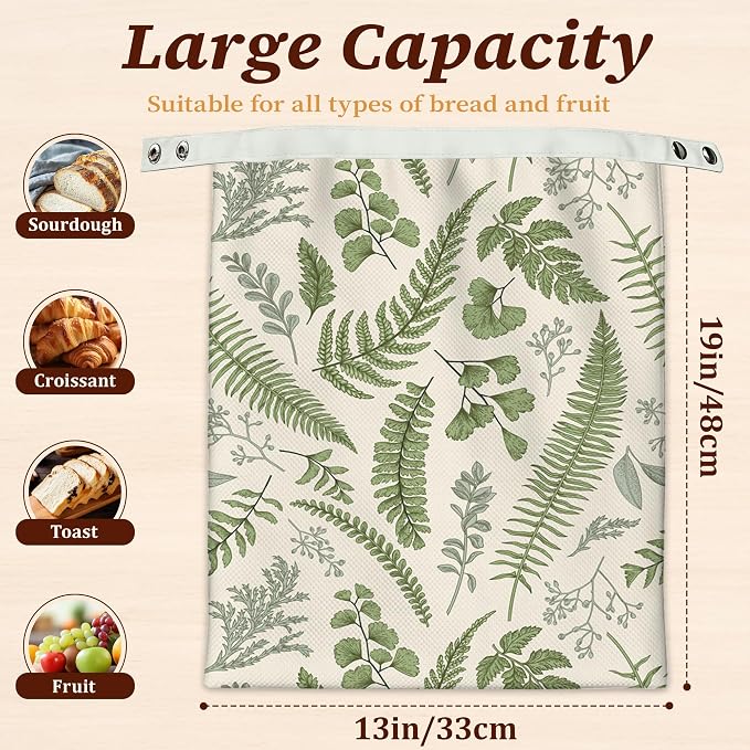 Beeswax Bread Bags, 2 Pack for Homemade Bread and Sourdough Storage | Herbs Eucalyptus Leaves Botanical, Reusable Polyester Bread Storage With Beeswax Coating And Snap Closures