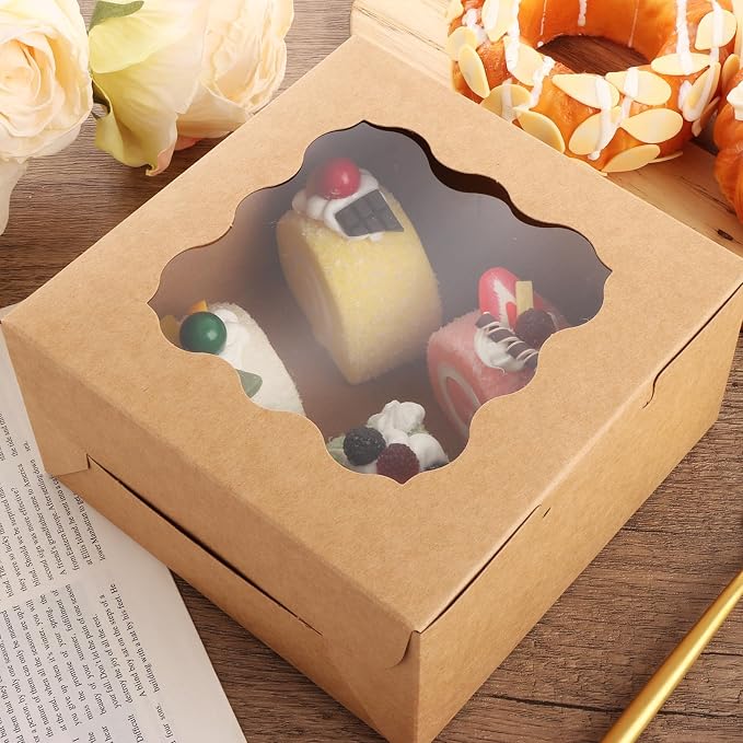 YAYODS 100 Pack Cookie Boxes 6x6x3 Bakery Boxes with Window, Small Kraft Treat Box with Stickers for Desserts, Pastry, Small Donut, Individual Cupcakes, Baked Goods