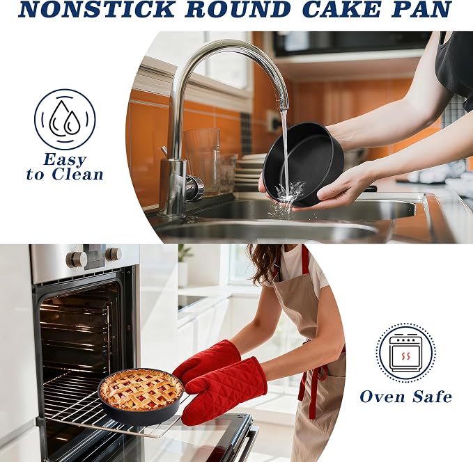 E-far 9 Inch Round Cake Pan Set of 3, Nonstick Stainless Steel Baking Pans Tin, Bakeware for Layer Cakes, Stainless Steel Core & Non-toxic Coating, Straight Side & 2 Inch Deep