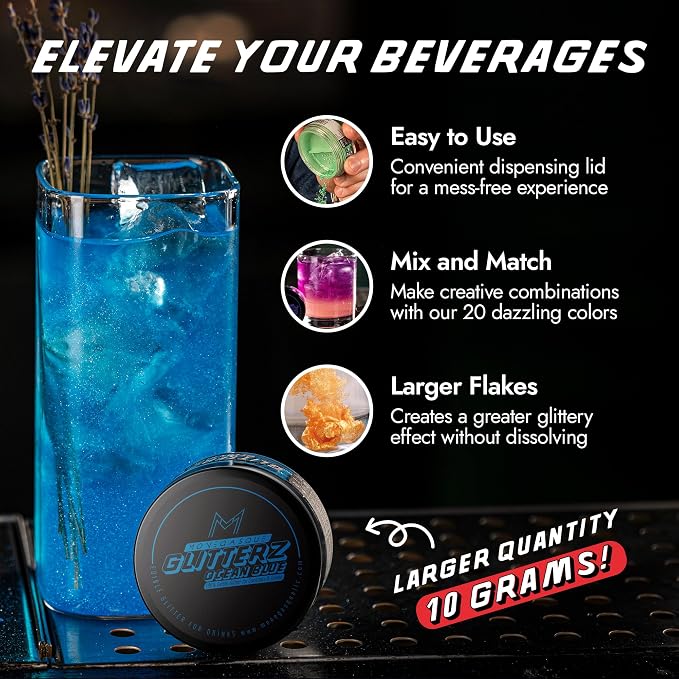 MONÉGASQUE Ocean Blue Edible Glitter for Drinks 10g – Blue Edible Glitter for Cakes & Beverage - 4th of July Sprinkles & Cocktail Drink Shimmer Flakes - Food Decorating & Cake Decorations Spray