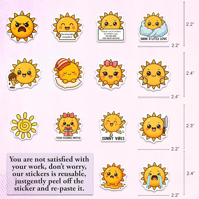 Sun Stickers 50PCS – Waterproof Vinyl Positive Sunshine Decor for Water Bottles, Laptops, Journaling – Non-Repeating Decals, High-Definition Print Gift for Womens