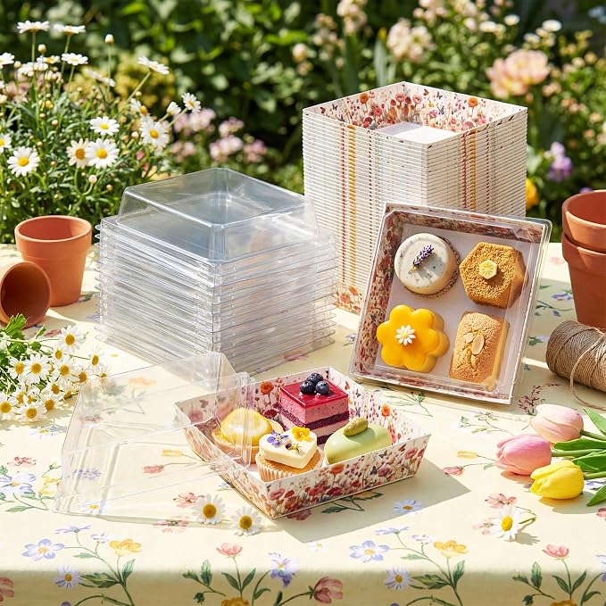 Potchen 50 Pack Bakery Boxes with Clear Lids, Disposable Charcuterie Treat Boxes for Cookies, Donuts, Cupcakes, Candy and Mini Cake, Party Favor for Wedding and Gift Giving (Wildflowers)