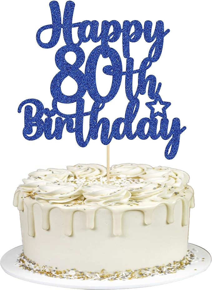 Gyufise 1Pc Happy 80th Birthday Cake Topper Glitter Cheers to 80 Years Old Birthday Cake Pick for Happy 80th Birthday Anniversary Party Cake Decorations Supplies Blue