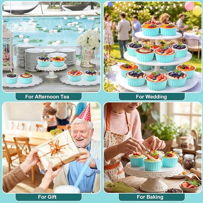 Gejoy 400 Pcs Aluminum Foil Baking Cups with Lids 5 oz Disposable Ramekins Mini Cake Pans Creme Brulee Cupcake Liners Muffin Dessert Container for Wedding Birthday Party (Elegant,Blue Color)