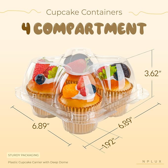 NPLUX 4 Compartment Cupcake Containers 60 Pack Cupcake Holder with Connected Airtight Lid Cupcake Boxes for 240 Cupcakes Muffins, BPA Free, Standard Size