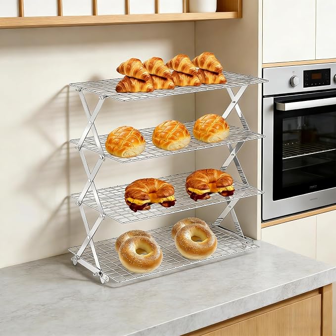4 Tier Collapsible Cooling Rack Adjustable ＆ Stackable Baking Rack Wire Cooling Rack for Cookies Bread Baking