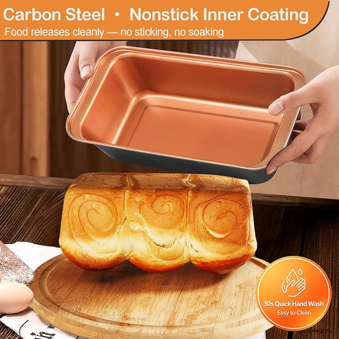 Baking Pans Set 6-Pieces, Non Stick Bakeware Sets Stackable, with Rectangular Baking Pan, Muffin Pan, Round/Square Cake Pan, Loaf Pan, Cooling Rack, Oven Mitt for Home Baker, Gold