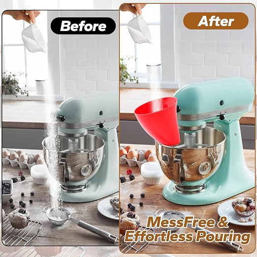 SelfTek 2 Pack Mess-Free Flour Funnel for Kitchen aid Mixer - for Artisan Ksm150 4.5-5 Tilt-Head Models, Fu-nnel Attachment with Scraper for kitchenaid Stand Mixer, Easy-Pour (2 Funnel & 2 Scraper)