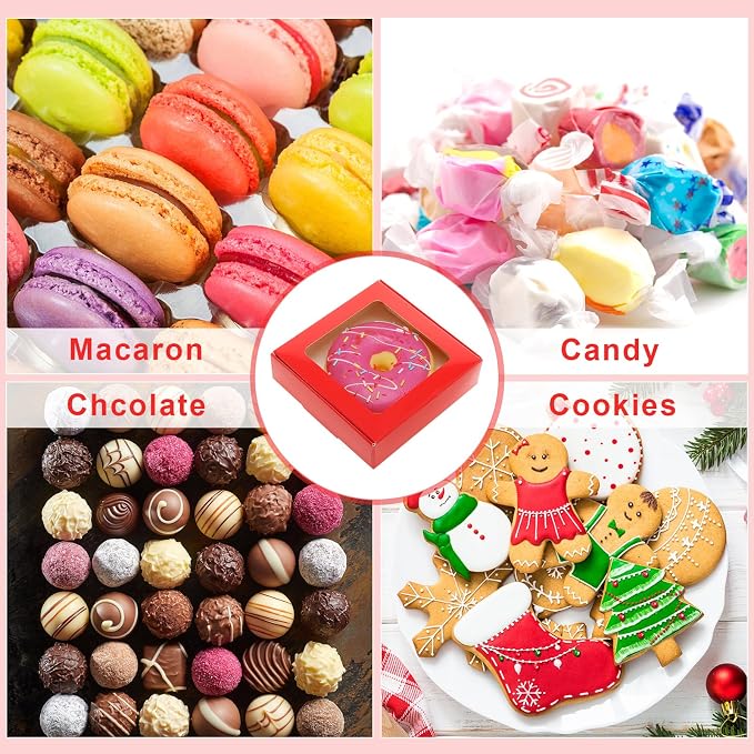 Zonon 30 Pcs Kraft Paper Boxes with Window 4.13 x 4.13 x 1.18 Inch Candy Packaging, Small Gift Boxes, Soap holder, Mini Treat Packaging for Bakery Chocolate Jewelry Display (Red)