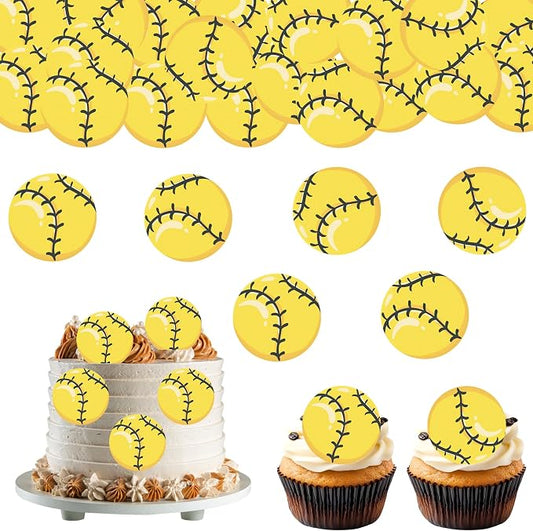 48pcs Edible Sports Cupcake Toppers Edible Basketball Soccer Baseball Tennis Rugby Cake Decorations for Sports Ball Game Theme Baby Shower Birthday Party Cake Decorations Supplies (softball)