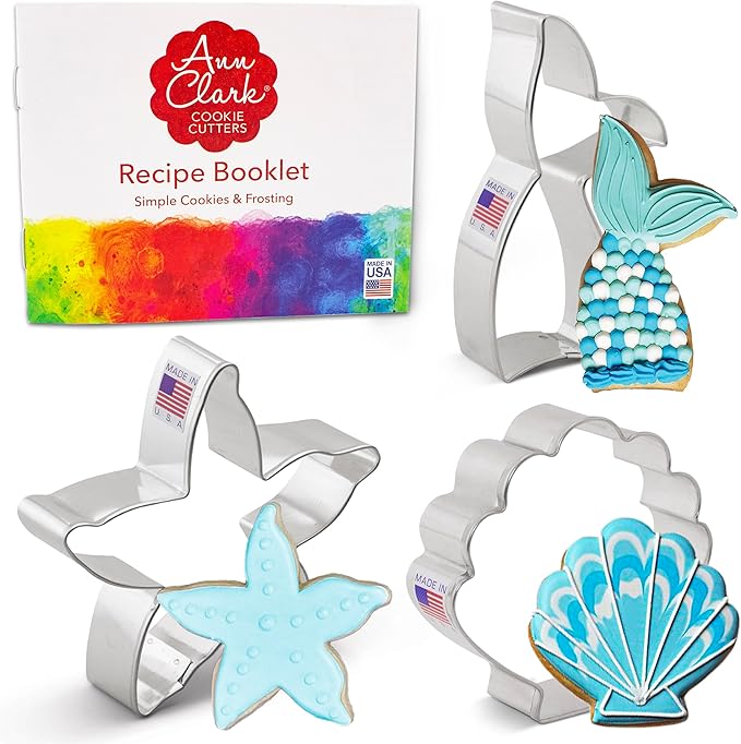 Ann Clark Mermaid Cookie Cutters 3-Pc Set Made in USA, Mermaid Tail, Starfish, Seashell