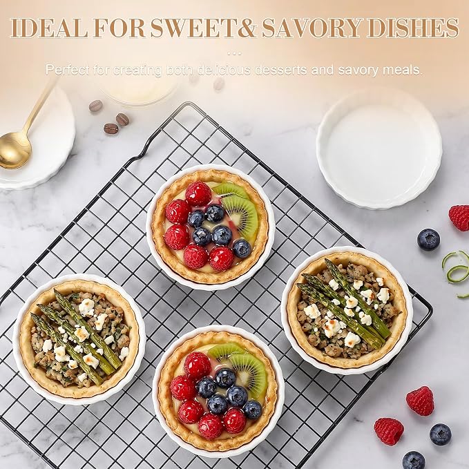 Hushee 10 Pack 5 Oz Creme Brulee Ramekins, Ceramic Brulee Souffles Dishes, Wave Round Pie Pan Mini Fluted Quiche Dishes for Dessert, Pie, Tart, Oven Microwave Dishwasher Safe, White