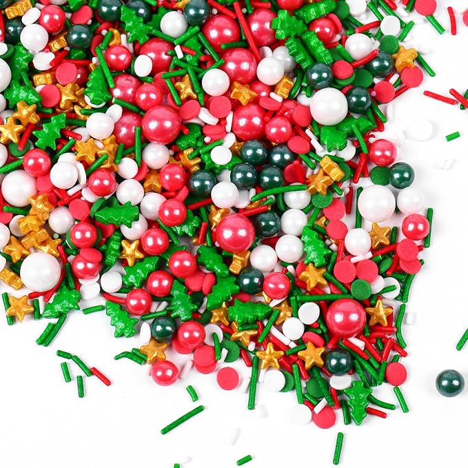 Christmas Sprinkles for Cake Decorating 7 ounce Edible Christmas Tree Star Red Green Pearls Sugar Jimmies Confetti Holiday Sprinkles for Cupcake Toppers, Cookie, Ice Cream Decorations Christmas Party