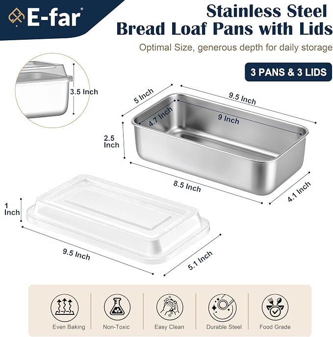 E-far Loaf Pan with Lids, 9 x 5 Inch Stainless Steel Bread Pans for Homemade Bread, Rectangle Baking Tins for Sourdough, Meatloaf, Banana Cake, Nontoxic & Dishwasher Safe - Set of 3