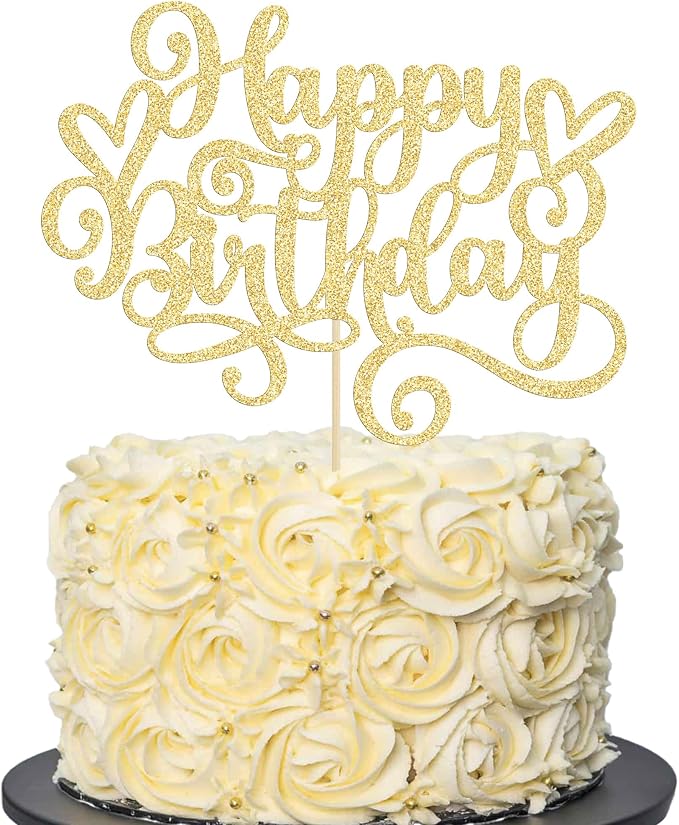 Gyufise 1Pcs Happy Birthday Cake Topper Glitter Happy Birthday Cake Pick Bunting Decor for Anniversary Celebrating Happy Birthday Party Cake Decorations Supplies Gold