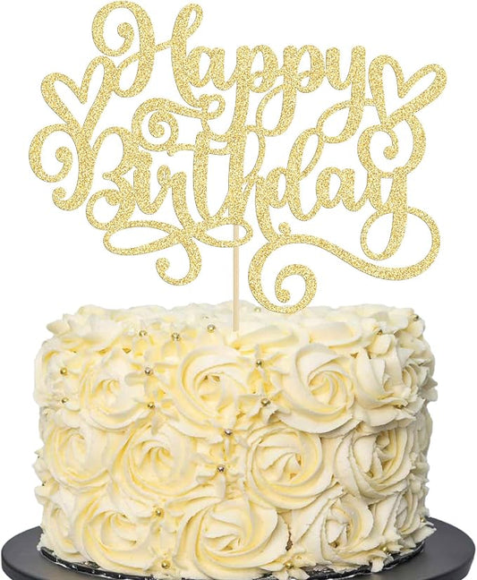 Gyufise 1Pcs Happy Birthday Cake Topper Glitter Happy Birthday Cake Pick Bunting Decor for Anniversary Celebrating Happy Birthday Party Cake Decorations Supplies Gold