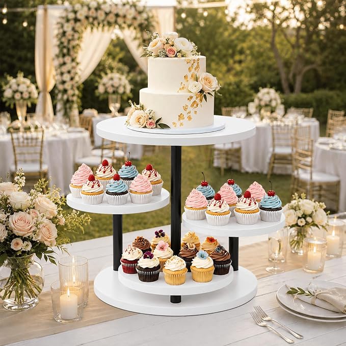 ELITEROO 4 Tiered Wooden Cupcake Stand, Round cake and cupcake stand combo with serving Tray, 360°Rotating Dessert Tower for Pie Table Display Rack for Wedding Birthday Baby Shower Tea Party, White
