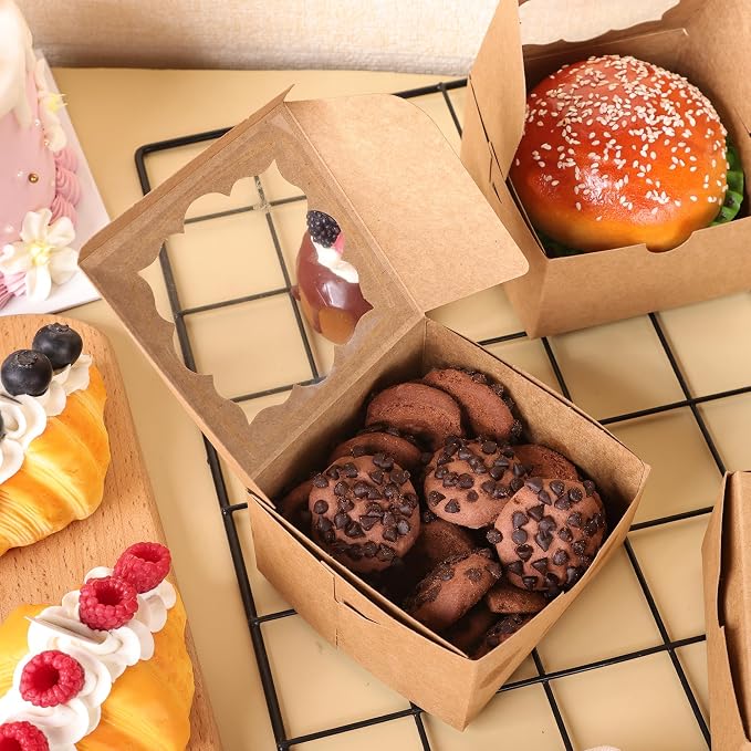 NPLUX 50pcs Cookie Boxes with Window Bakery Boxes Small Treat Boxes Mini Pie Boxes Pastry Boxes 4x4x2.5in, Graduation Gifts Party Favors(Brown)