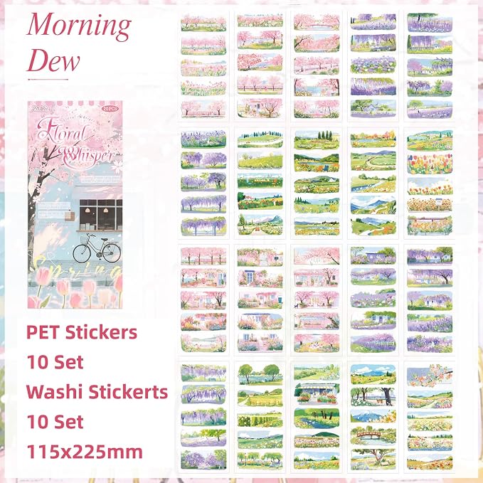 Sakura Series Sticker Scrapbooking Supplies for Junk Journal, 10 Sheets PET Stickers and 10 Sheets Washi Stickers