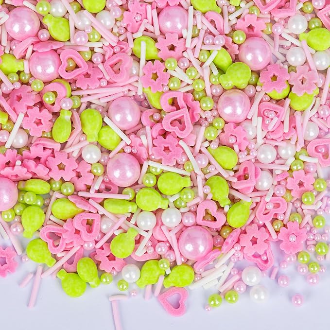 Edible Sprinkles for Cake Decorations,Pink White Pearls and Jimmies,Heart and Flowers,Bright Green Balloons Sprinkle Mix,Spring Candy Sprinkles for Easter Cakes,Cupcakes,Dessert Tables & Party Favors,Food Grade Sugar Decorating for Brunch,Wedding Birth...