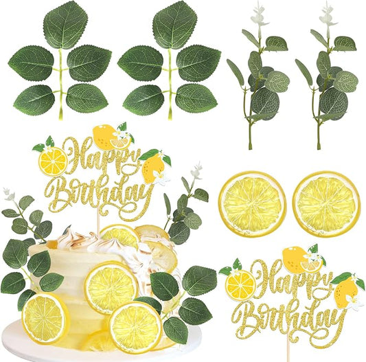 Rsstarxi Happy Birthday Cake Topper Decorations with Juicy Lemon Slices Leaves Cake Pick Decorations for Baby Shower Birthday Party DIY Cake Decorations