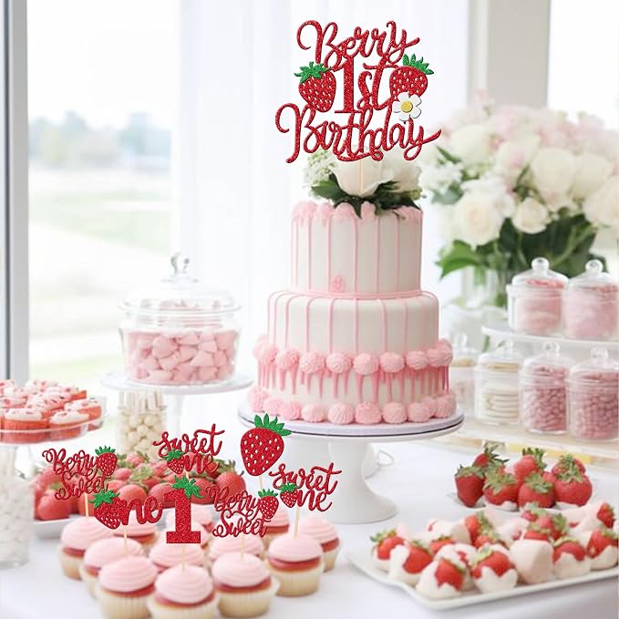 31 PCS Sweet One Strawberry Cupcake Toppers Red Berry 1st Birthday Cake Topper Strawberry First Birthday Cupcake Picks for Strawberry Theme Baby Shower 1st Birthday Party Decorations Supplies
